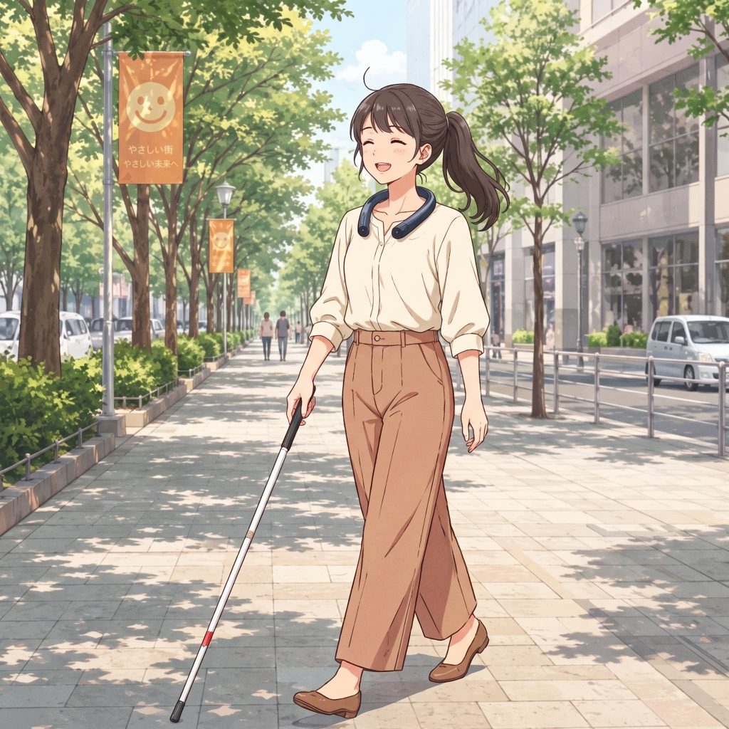デバイスを首にかけて電源をONにし、街を歩いています